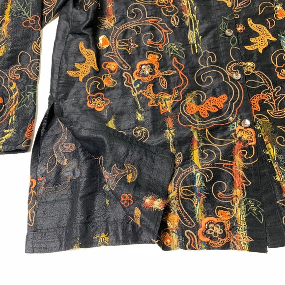 Chico's Silk Beaded Blouse - Size Medium (Chicos 1) - Black Embellished Floral - Picture 5 of 13